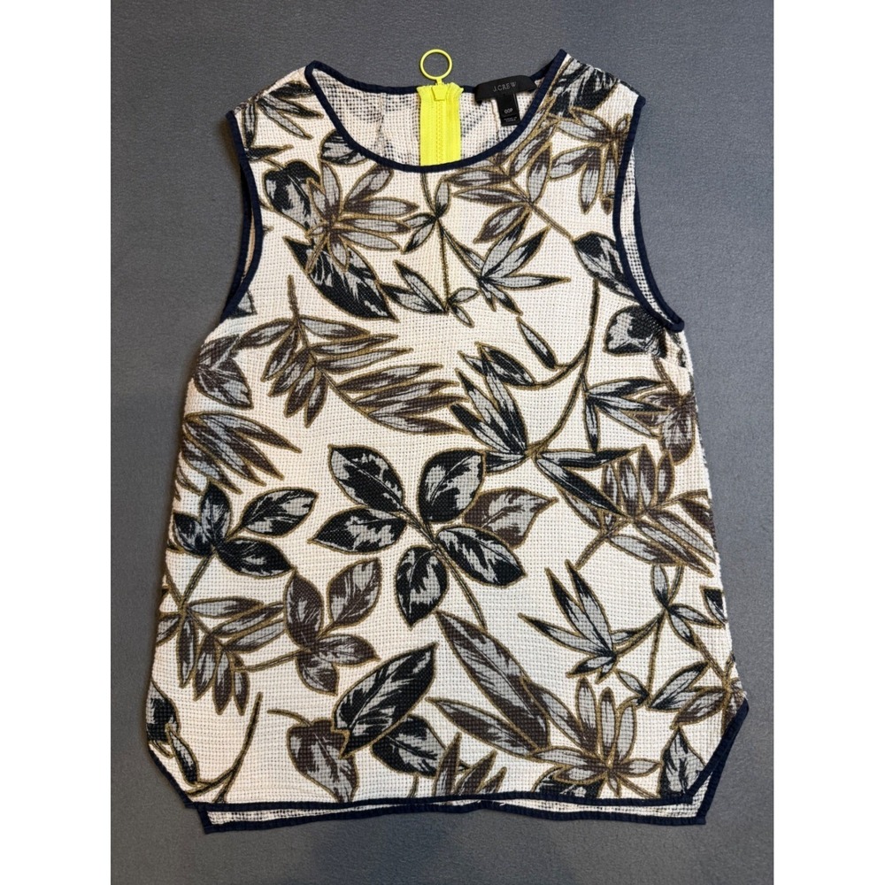 J.Crew Womens 00P Tropical Leaf Metallic Basketweave Top Neon Zip Ivory Navy